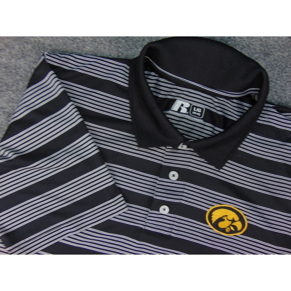 Iowa Hawkeyes Polo Mens Large Russell Black Striped NCAA Gameday Athletic‎ Golf